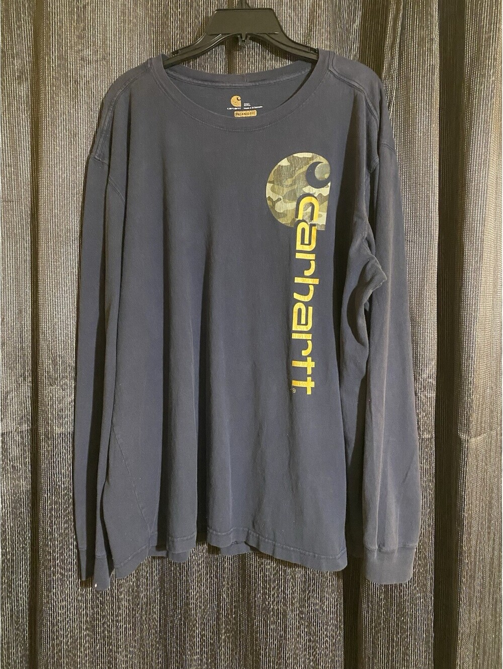 Carhartt Men's Size 2XL Relaxed Fit Navy w/ Camo Logo Long Sleeve Shirt